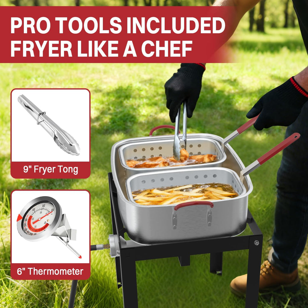 18QT Outdoor Propane Fish Fryer | 50,000 BTU Propane Deep Fryer | Includes 2 Baskets | Lid | Cover | 9" Fryer Tong & 6" Thermometer | Perfect for Cooking Fish, Chicken Wings, and Fries