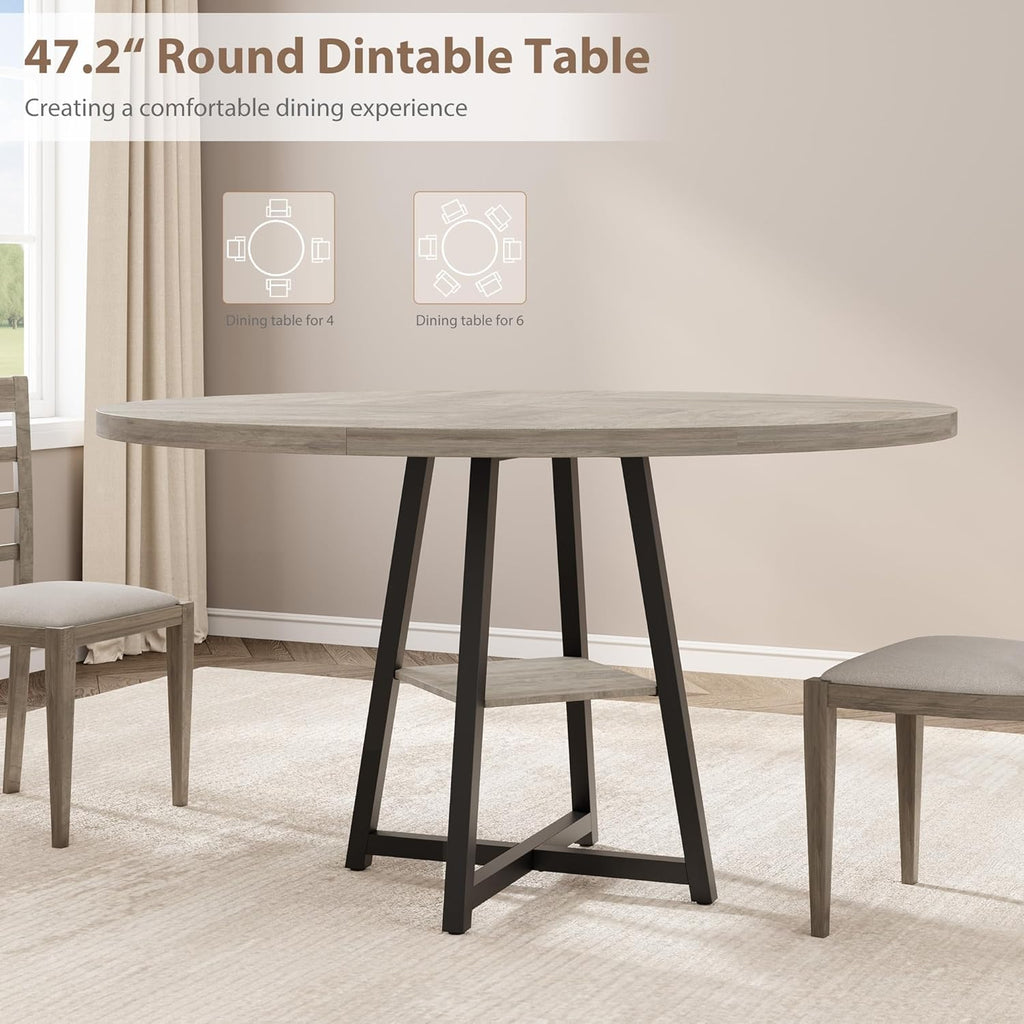 Garvee 47.2 in Round Dining Table for 4-6 People, Industrial Round Kitchen Table with Sturdy Metal Pedestal Base & Storage Shelf, Circle 4 Dinner Table for Dinner, Kitchen, Dining Room