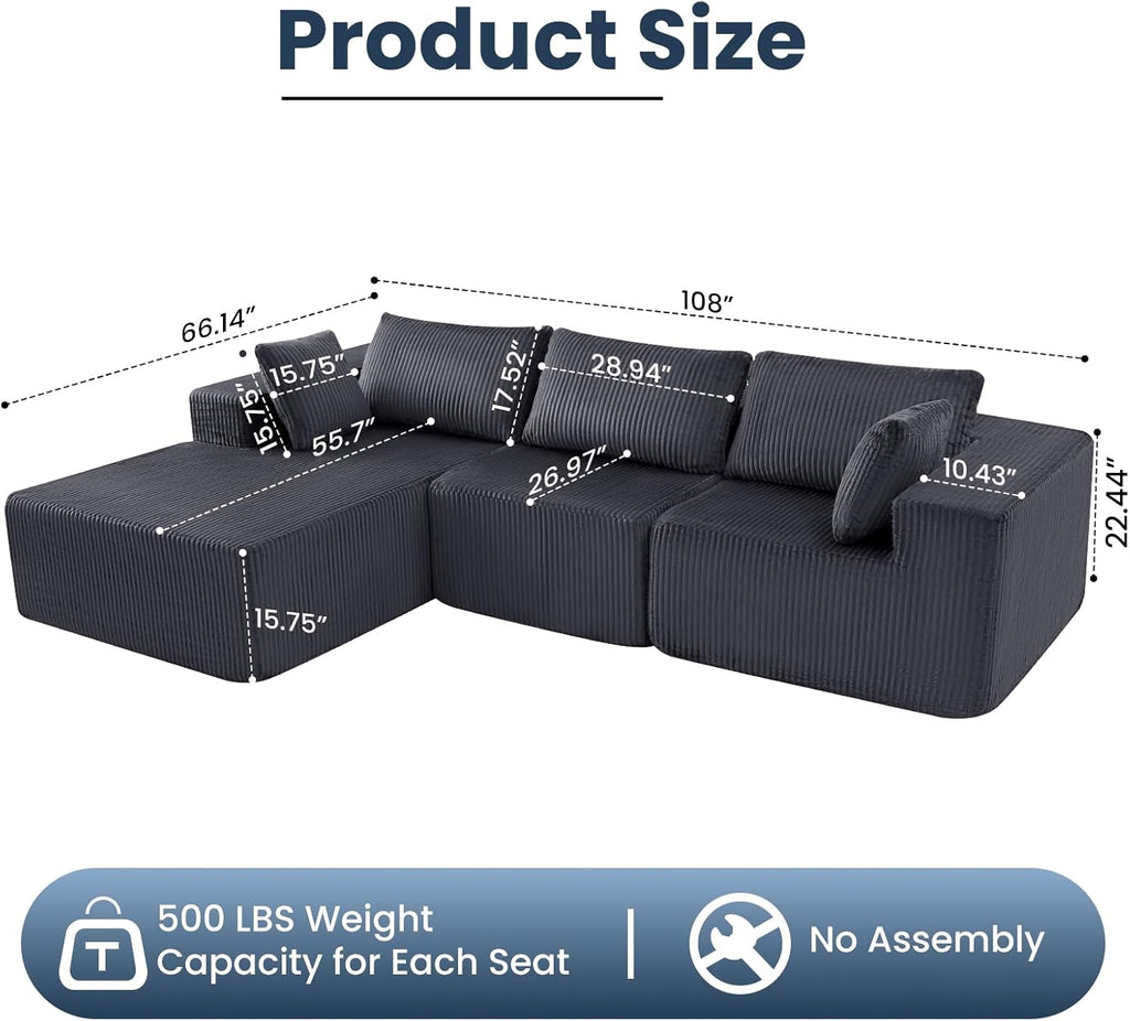 DUMOS 108" Boneless Couch, Cloud Sectional Couch with L-Shape Chaise, Modular Sectional Sofa with Deep Seat, Upholstered Couch for Living Room Bedroom, No Assembly Required (Grey, Left Facing Chaise)