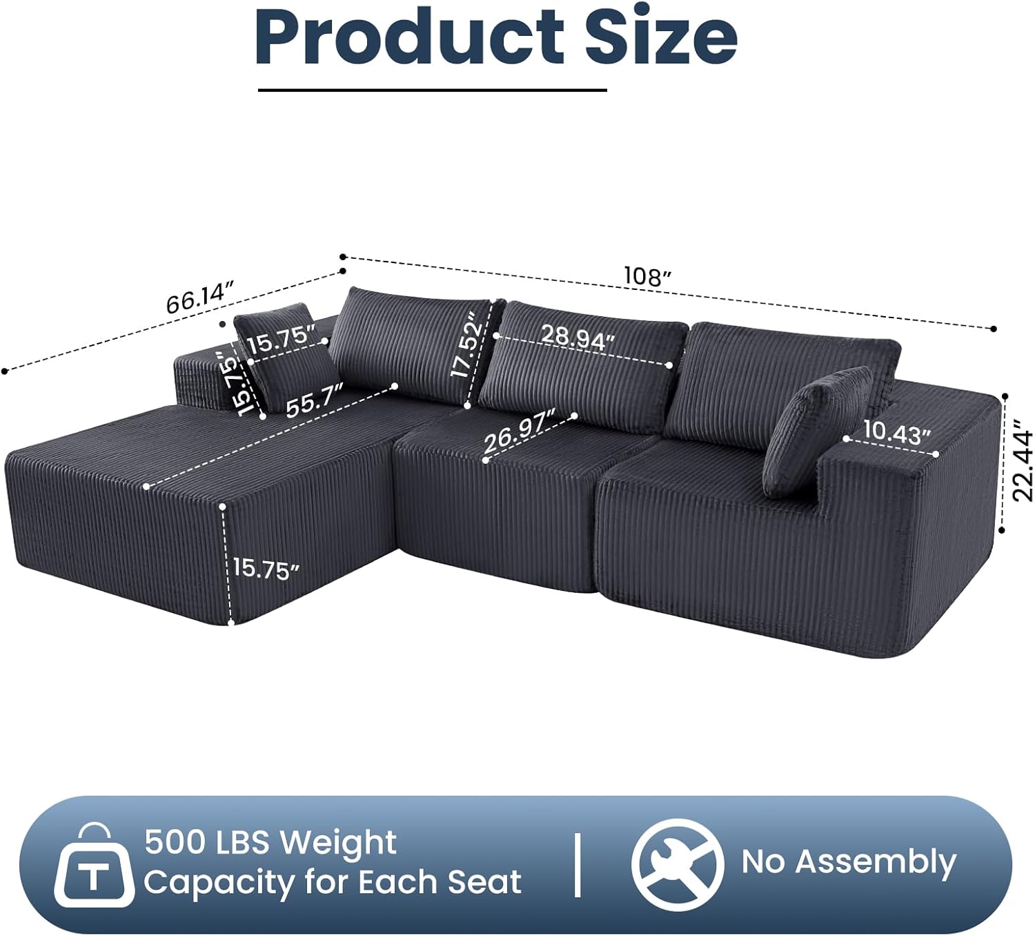 DUMOS 108" Boneless Couch, Cloud Sectional Couch with L-Shape Chaise, Modular Sectional Sofa with Deep Seat, Upholstered Couch for Living Room Bedroom, No Assembly Required (Grey, Left Facing Chaise)