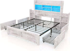 Queen Bed Frame with 49.6" Bookcase Headboard & 4 Drawers & 2 Detachable Bedside Stoage Racks, Farmhouse Wood Bed Frame with RGB LED & Charging Station, No Box Spring Needed, Distressed White