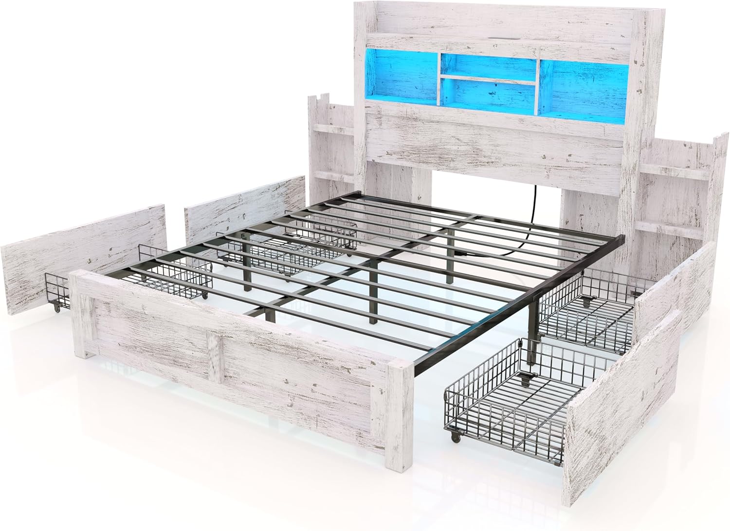 Queen Bed Frame with 49.6" Bookcase Headboard & 4 Drawers & 2 Detachable Bedside Stoage Racks, Farmhouse Wood Bed Frame with RGB LED & Charging Station, No Box Spring Needed, Distressed White