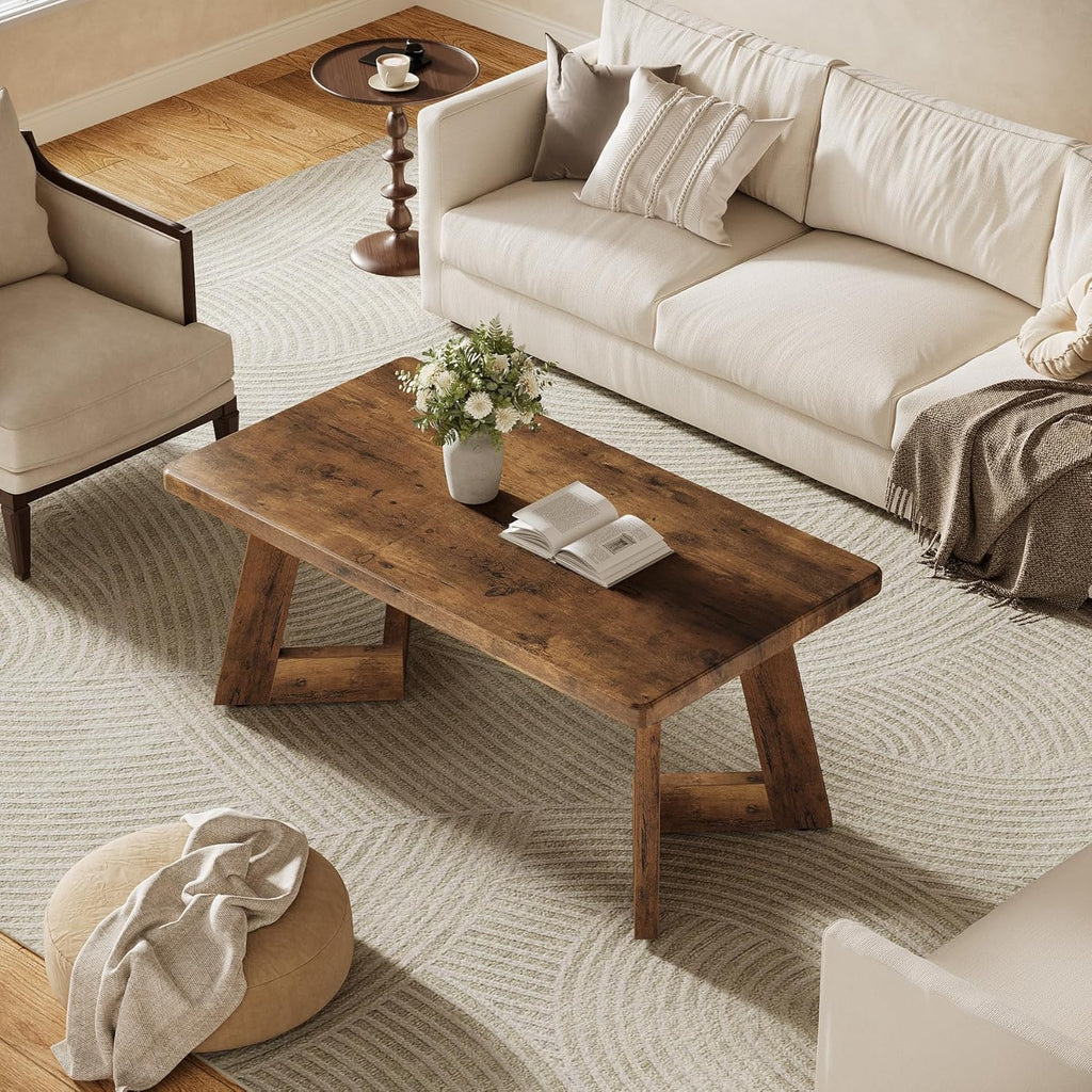 Tribesigns Coffee Table, Farmhouse Center Table with V-Shaped Legs, 47.2 x 23.6 Inches Rectangle Living Room Tables, Easy to Assemble, Rustic Brown