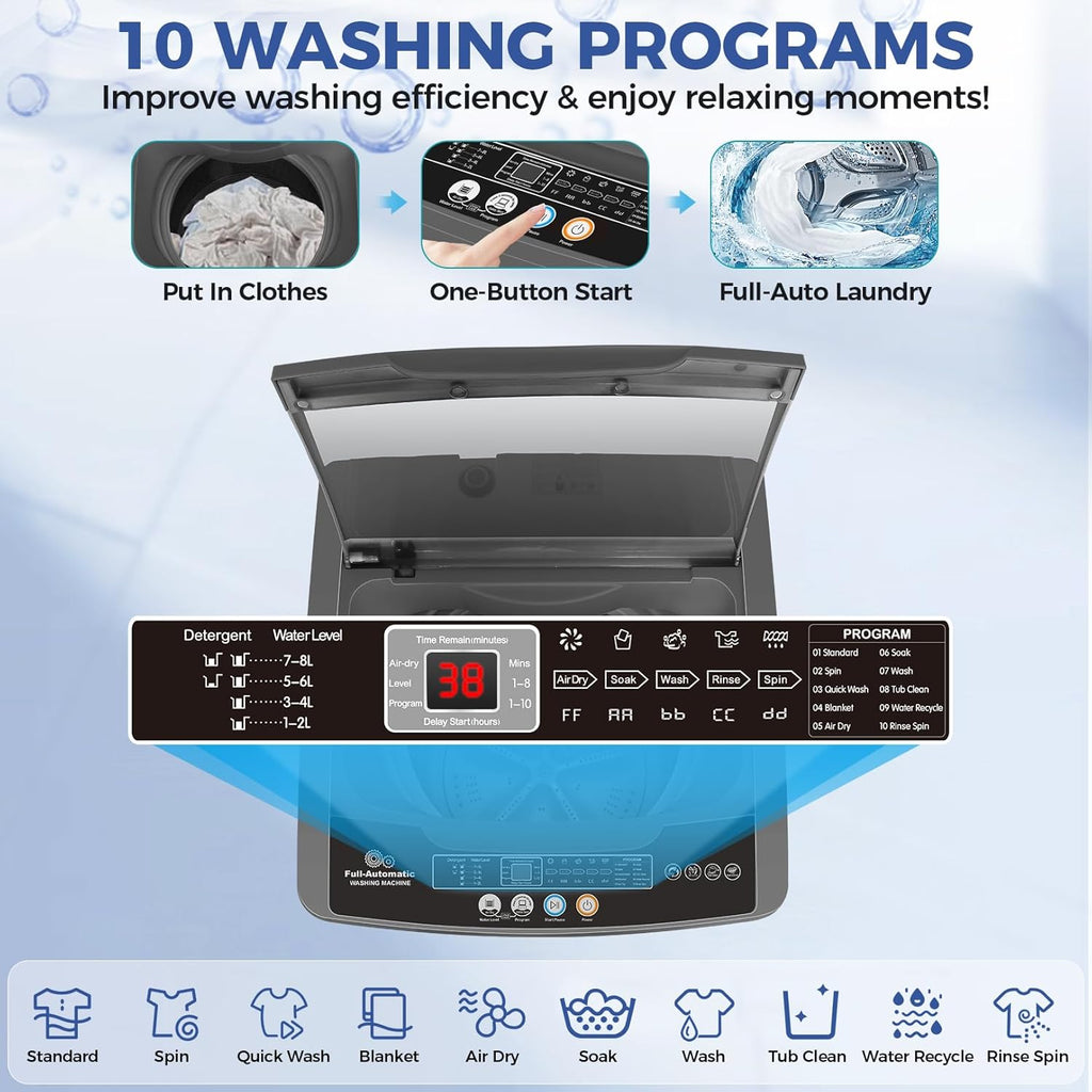 Nictemaw Portable Washing Machine, 20Lbs Capacity Full-Automatic Portable Washer Machine, 2.8Cu.ft Washer and Dryer Combo with 10 Programs & 8 Water Levels Compact Laundry Machine Apartments,RVs