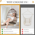 BULEXYARD Heavy-Duty Egg Swing Chair Without Stand, 350 Lbs Foldable Rattan Hanging Hammock with Cushion, All-Weather Basket Seat for Outdoor Patio Bedroom Pergola Tree or Ceiling Mount, Brown Tan
