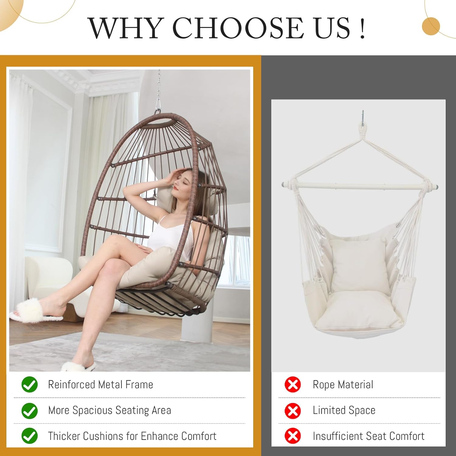 BULEXYARD Heavy-Duty Egg Swing Chair Without Stand, 350 Lbs Foldable Rattan Hanging Hammock with Cushion, All-Weather Basket Seat for Outdoor Patio Bedroom Pergola Tree or Ceiling Mount, Brown Tan
