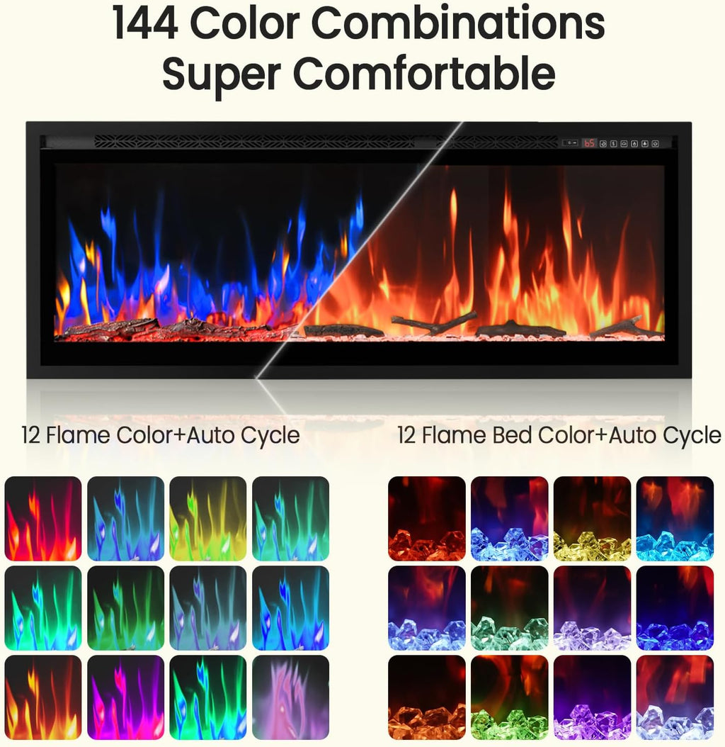 50” Smart Electric Fireplace with Voice Control, Realistic Flame, Crackling Sound, Wall Mounted or Recessed Fireplace Insert, App/Remote Control, Logs & Crystals Included for Living Room,Bedroom