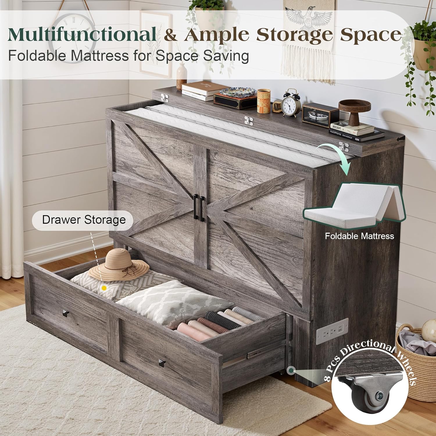 Queen Murphy Bed with 6" White Tri-Fold Memory Foam Mattress, Storage Drawer & Charging Station, Space-Saving Design for Home Office or Guest Room, Rustic Grey