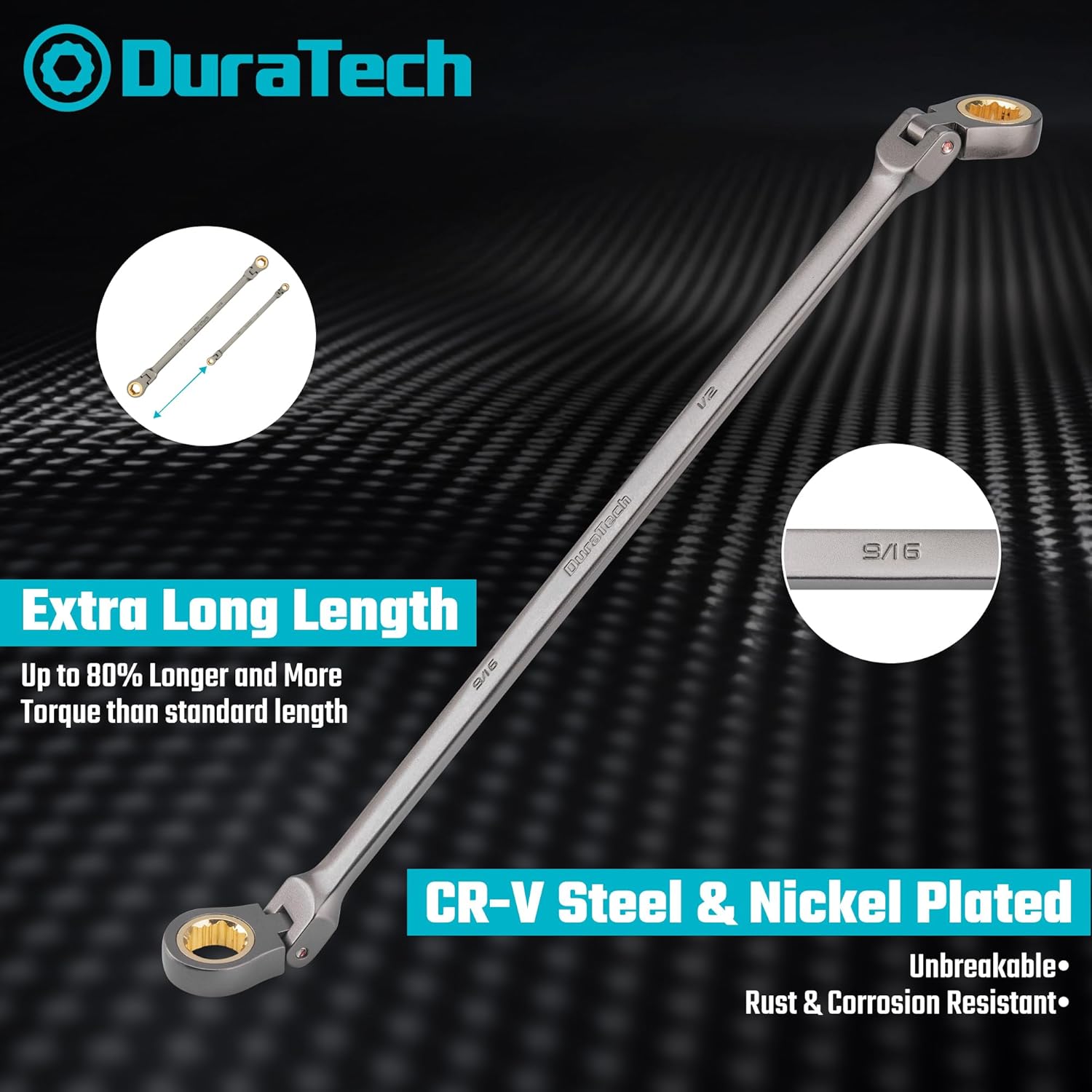DURATECH Extra Long Anti-Slip Ratcheting Wrench Set, Double Box End Wrench Set, 5-Piece, SAE, 1/4 "-13/16 ", 72-Teeth, CR-V Steel, Grey Nickel Plating with Rolling Pouch