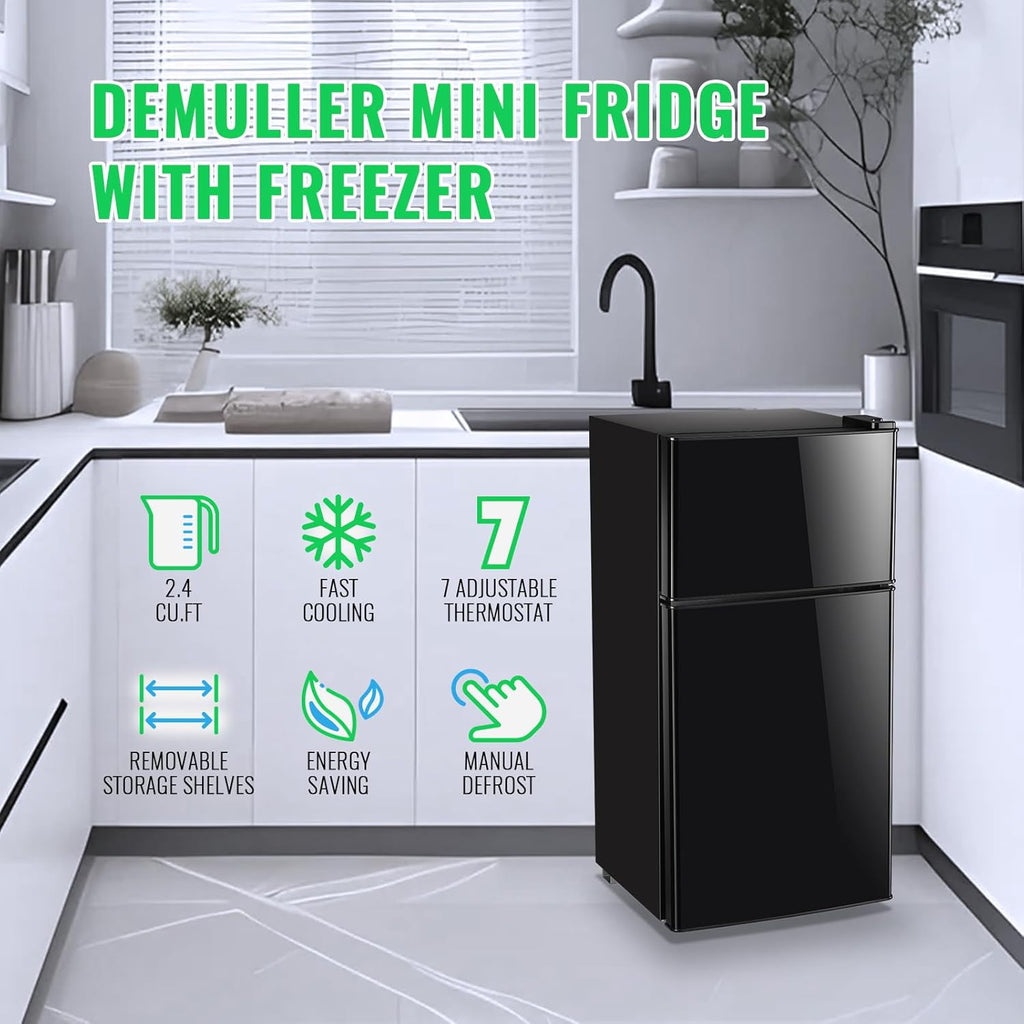 DEMULLER 2.4 Cu.Ft Mini Fridge with Freezer & Double Door Small Tiny Size Refrigerator with 7 Temperature Control Knob Only Suitable for One Person Use Black