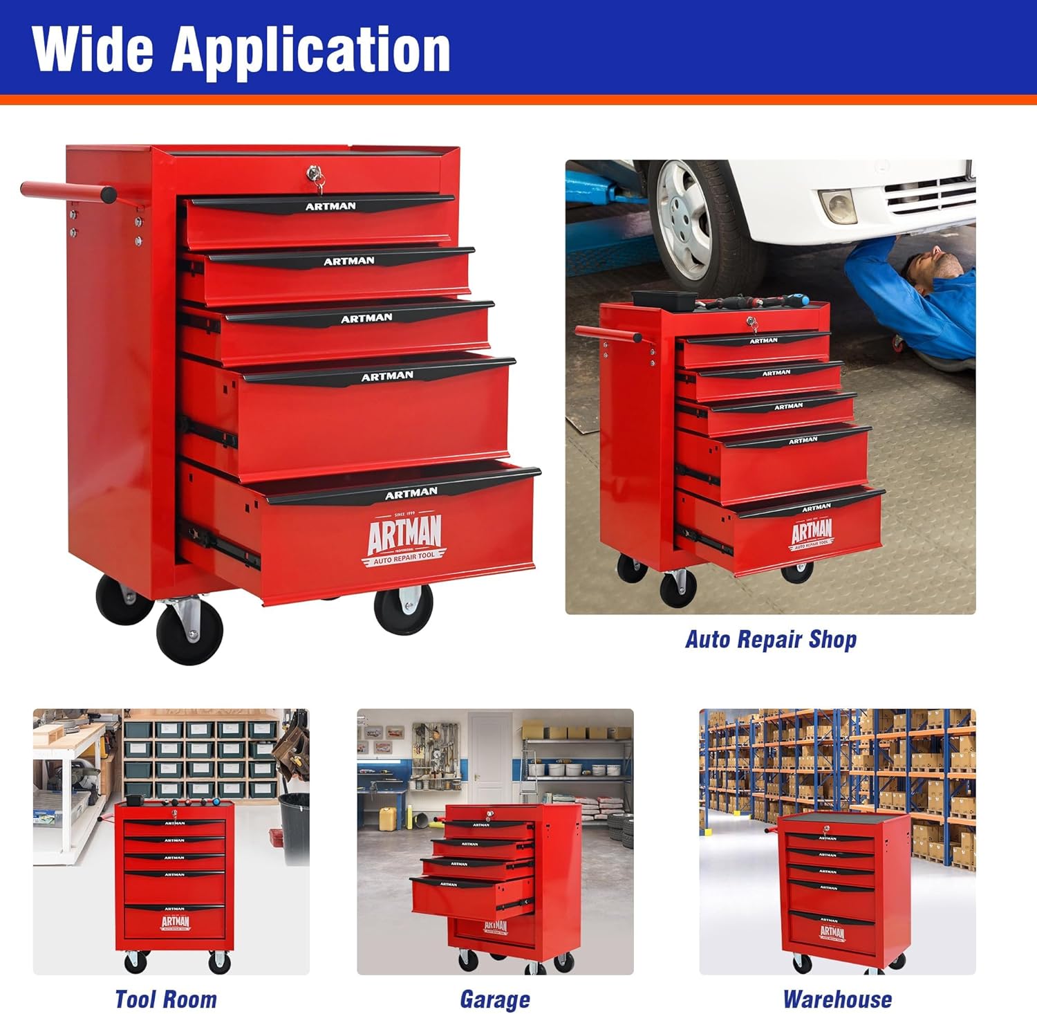 5 Drawers Tool Cart on Wheels, Multifunctional Rolling Tool Chest, Drawers Mobile Trolley Organizer Heavy Duty Tools Box with Locking Wheels & Ball Bearing Drawers (Red, 5 Drawers)
