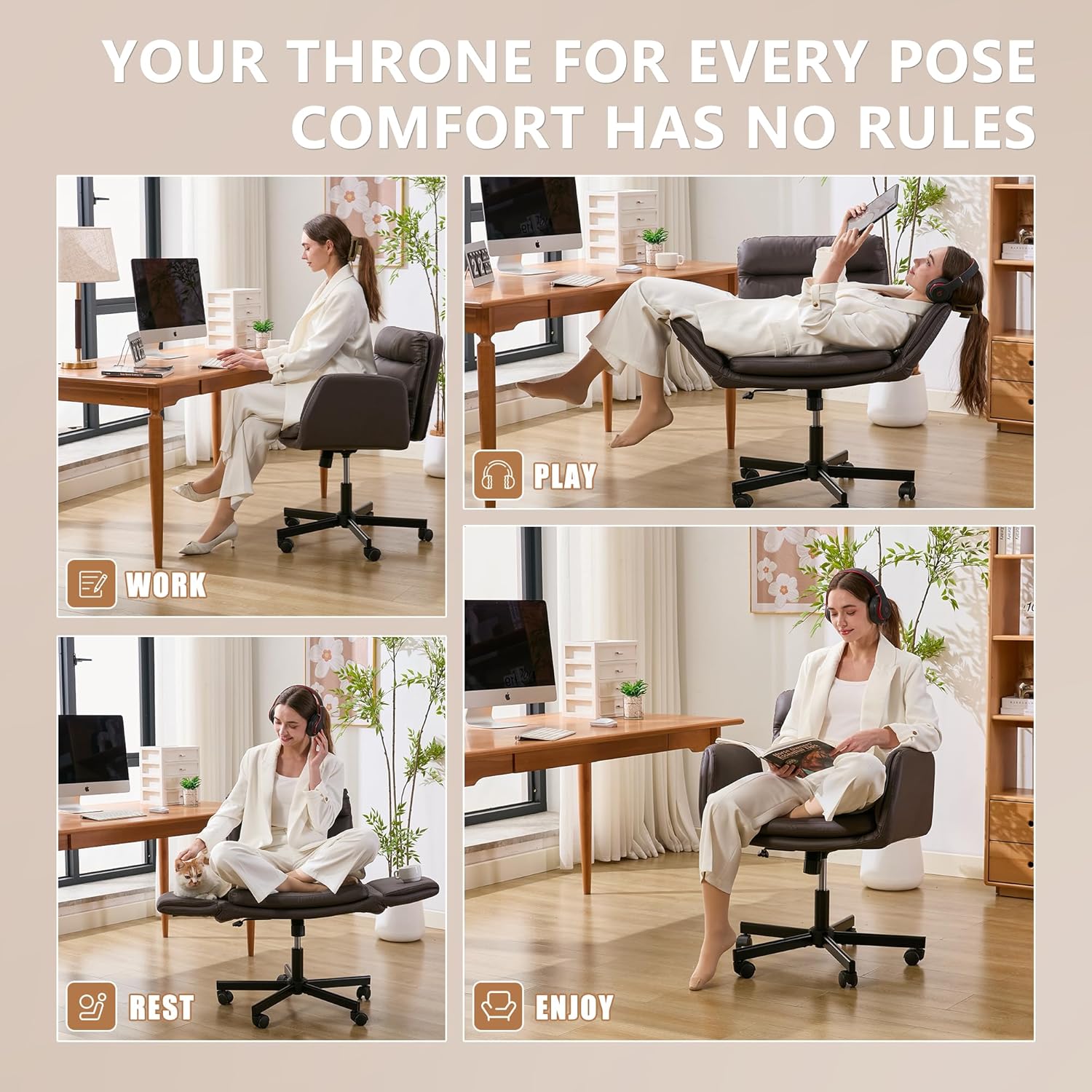 Criss Cross Chair with Flip-Up Arms & Swivel Wheels, Vanity Chair with Adjustable Height & Side Pockets, Comfortable Wide Seat Reclining Computer Office Desk Chairs for Home Office, Make Up, Bed Room