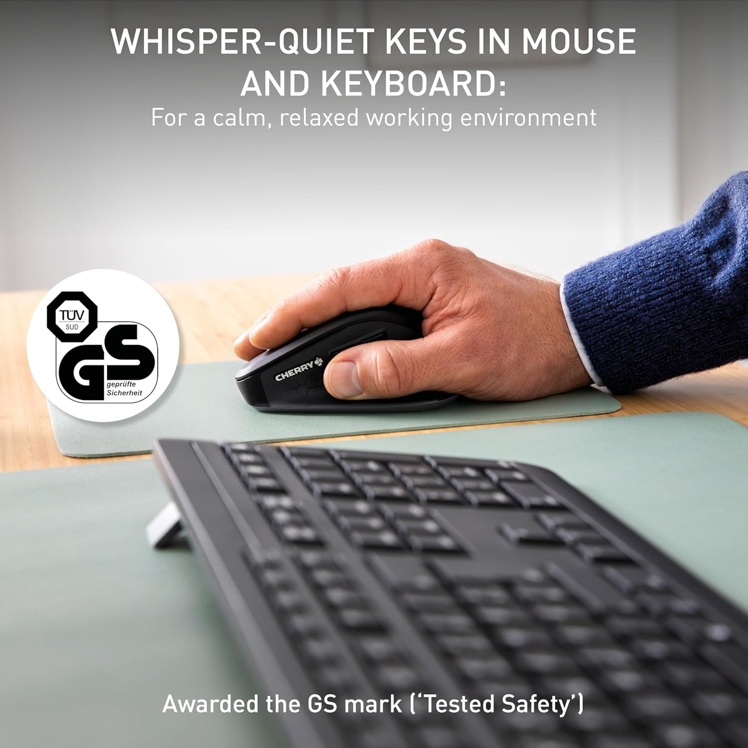 Cherry Stream Desktop Comfort, Wireless Keyboard and Mouse Combo, 2.4 GHz Connection, Whisper-Quiet Keys, Ergonomic Right-Handed Mouse, Battery-Powered, Black