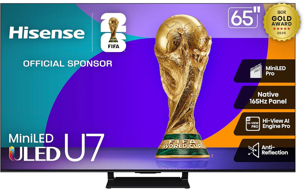 Hisense 65" U7 Mini-LED ULED 4K UHD Best Premium Gaming Google Smart TV (65U75QG  2025 Model) - QLED  Native 165Hz  VRR 288  Up to 3000 Nits  HDR10+  Dolby Vision IQ · Atmos  IMAX Enhanced  2.1.2 Ch