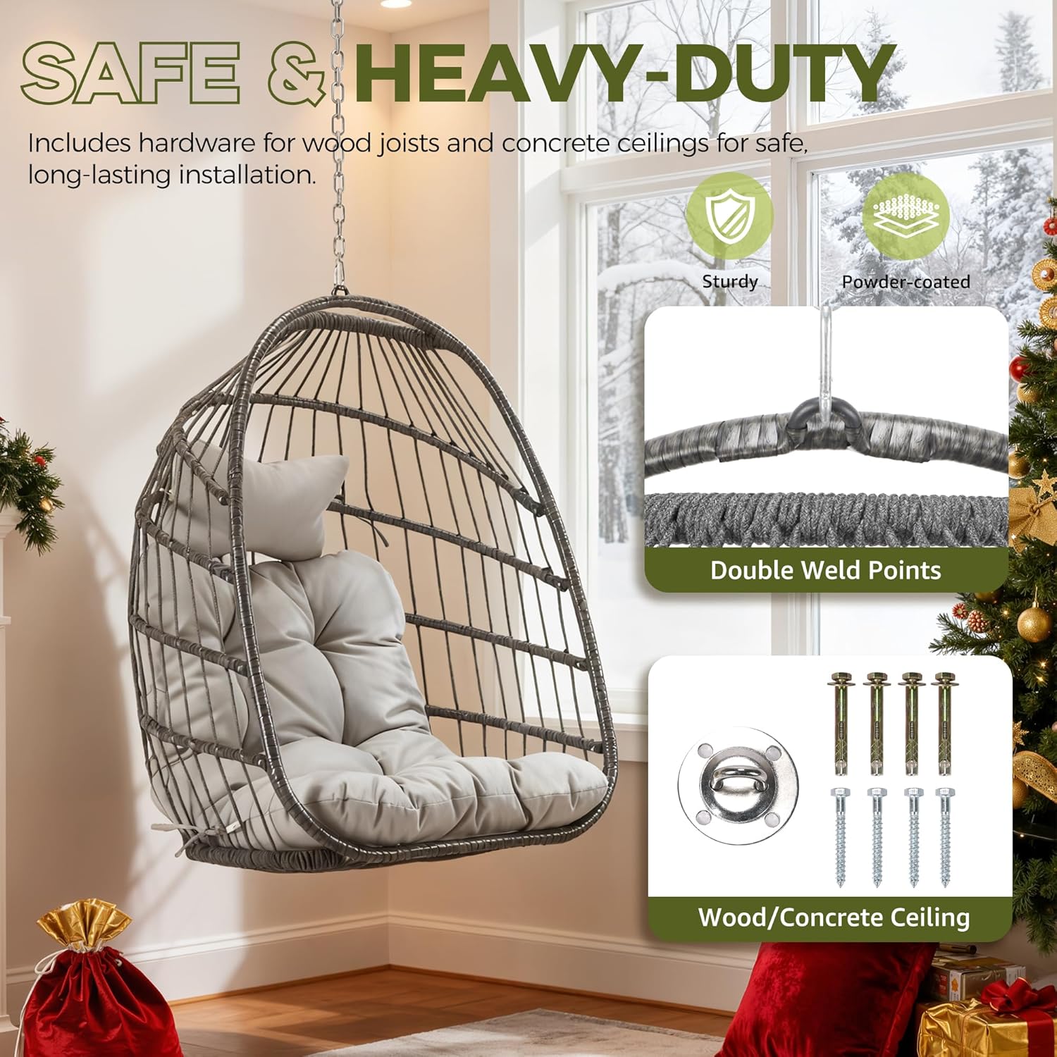 RADIATA Hanging Egg Chair Outdoor Without Stand, Weather-Resistant Wicker Rattan Swing with Cozy Cushion, 350Lbs Indoor Outdoor Eggshell Hammock Seat for Patio Porch Bedroom Balcony, Light Grey