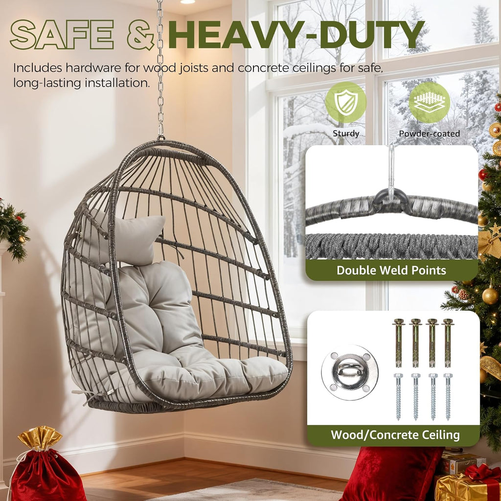 RADIATA Outdoor Hanging Egg Chair Without Stand, Foldable Rattan Wicker Swing Basket, 350 Lbs Heavy-Duty Hammock Chair with Cushion & Pillow for Patio Balcony Bedroom Garden Ceiling Tree, Light Gray