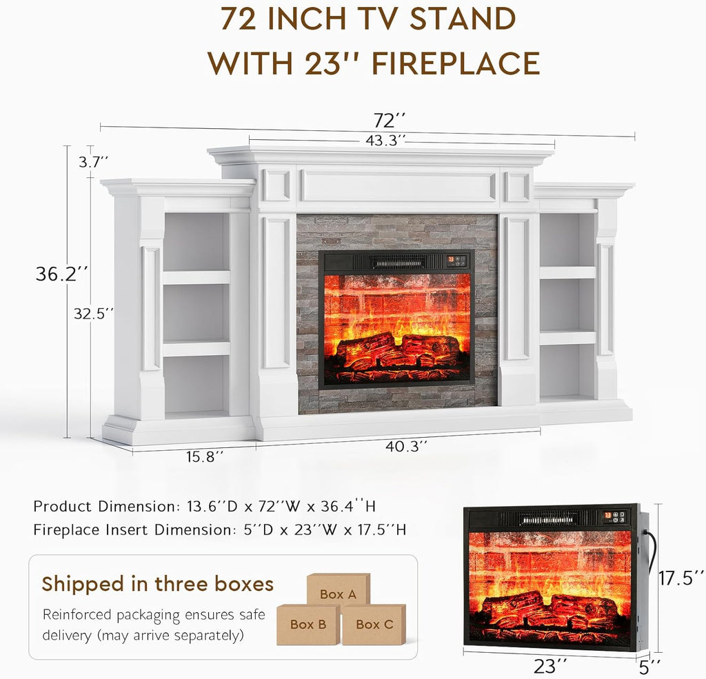 LGHM 72" Electric Fireplace with Mantel, Fireplace TV Stand for TVs Up to 80 Inch, Modern Entertainment Center with Storage, Fireplace Heater Insert with Realistic 3D Flame for Living Room
