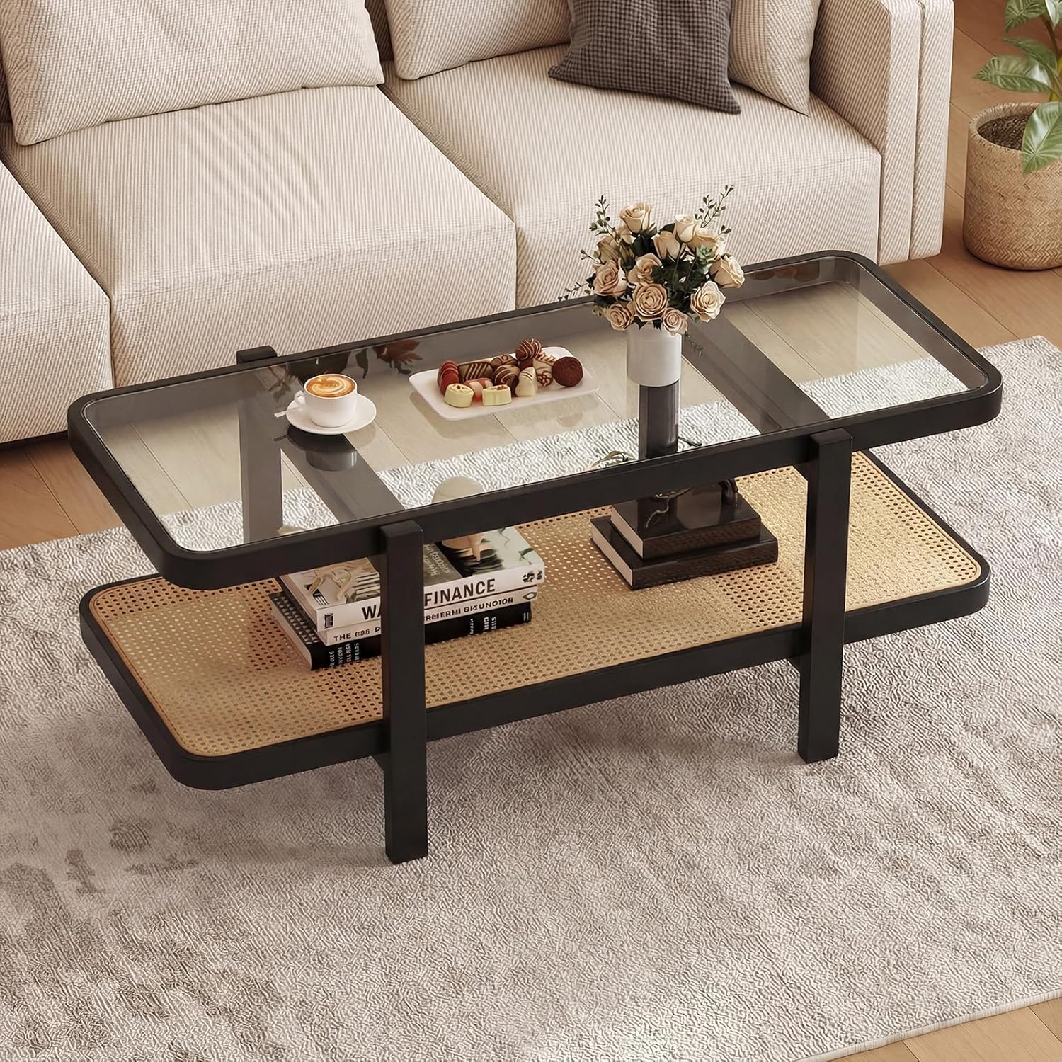 Giantex Rattan Coffee Table, 47.5" Rectangle Solid Wood Tea Table w/Tempered Glass Tabletop, Rattan Storage Shelf, 2-Tier Boho Coffee Tables, Farmhouse Center Table for Living Room (Black)