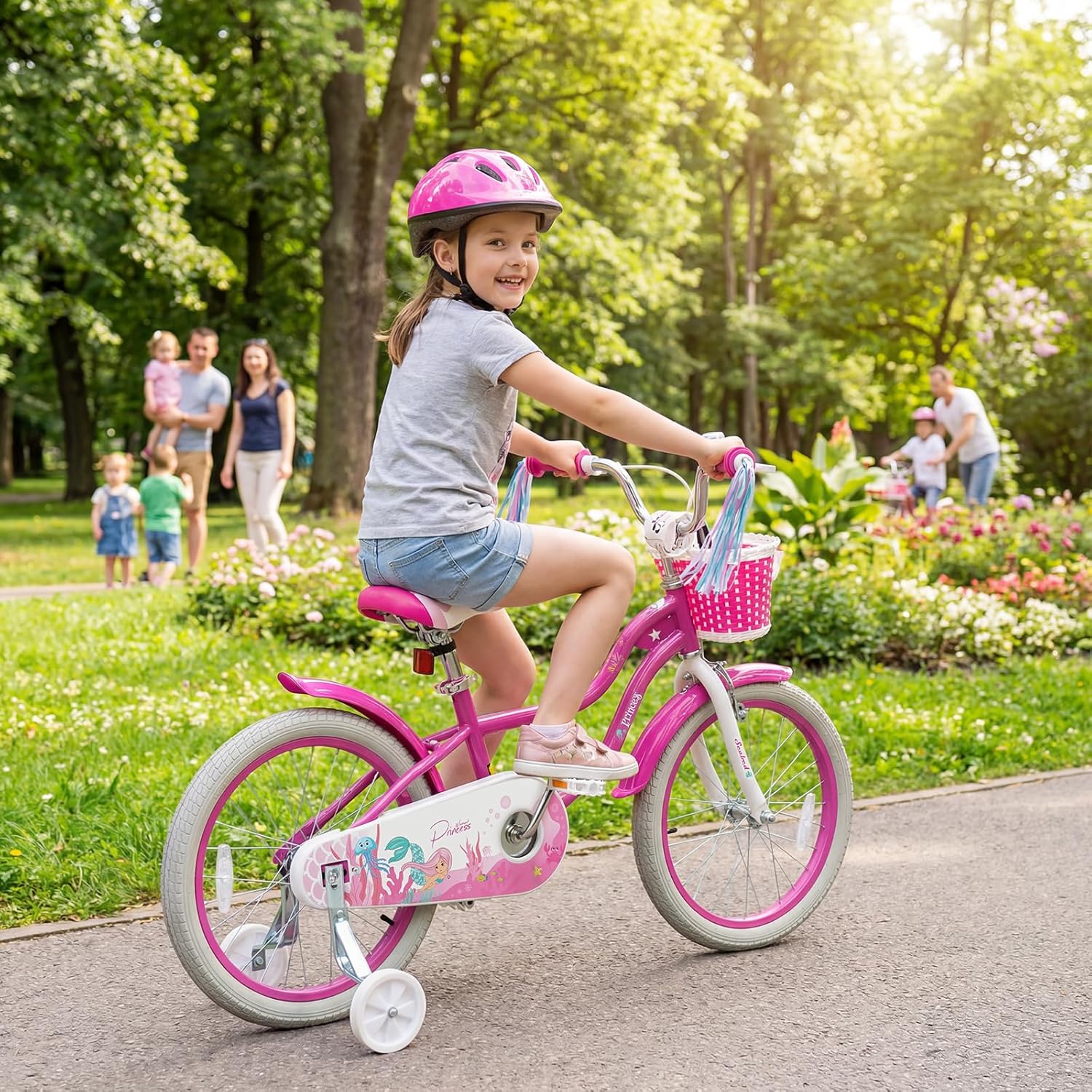 BABY JOY Kids Bike, 12" 14" 16" 18" Mermaid Girls Bike for 3-8 Years Old w/Basket, Training Wheels, Hand & Coaster Brakes, Adjustable Seat & Handlebar, 20" Children Bicycle with Kickstand for 8+