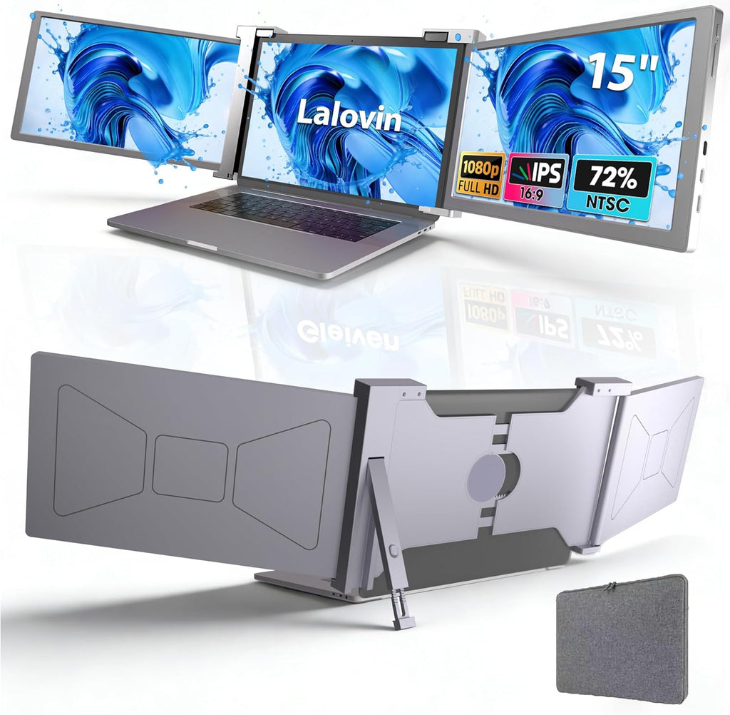Laptop Screen Extender  15" 1080P IPS FHD Triple Monitor for 15"-17.3" Laptops  Plug & Play Portable Monitor Extender with USB-C/HDMI/USB-A for Mac/Windows/Chrome/Android Gray