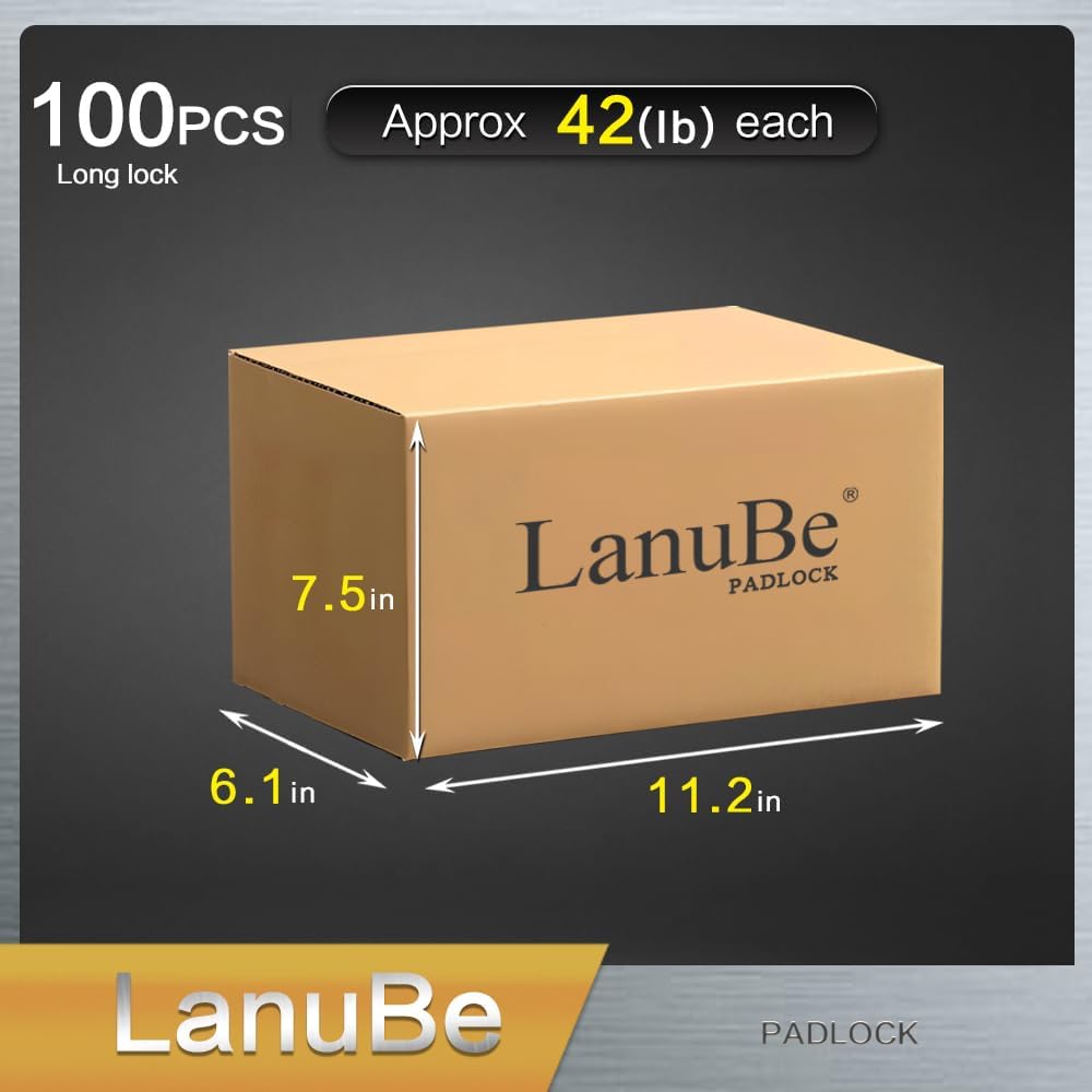 LanuBe Lock Laminated keyed Padlock (1-9/16"  40mm)  keyed Alike Locks  Long Shackle Marked Black Plastic Hoop  Pack of 100