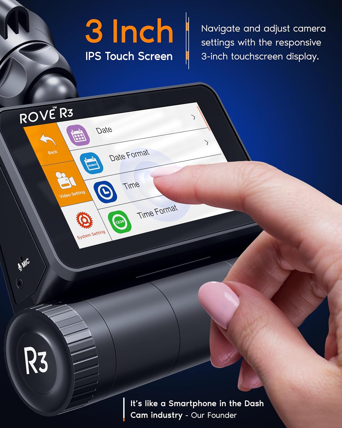 ROVE R3 Dash Cam Front and Rear with Cabin  3” IPS Touch Screen  3 Channel Dash Cam 1440P+1080P+1080P  IR Night Vision  5GHz WiFi  Up to 30MB/s Download Speed  Quad-Mode GPS  Supports 512GB Max