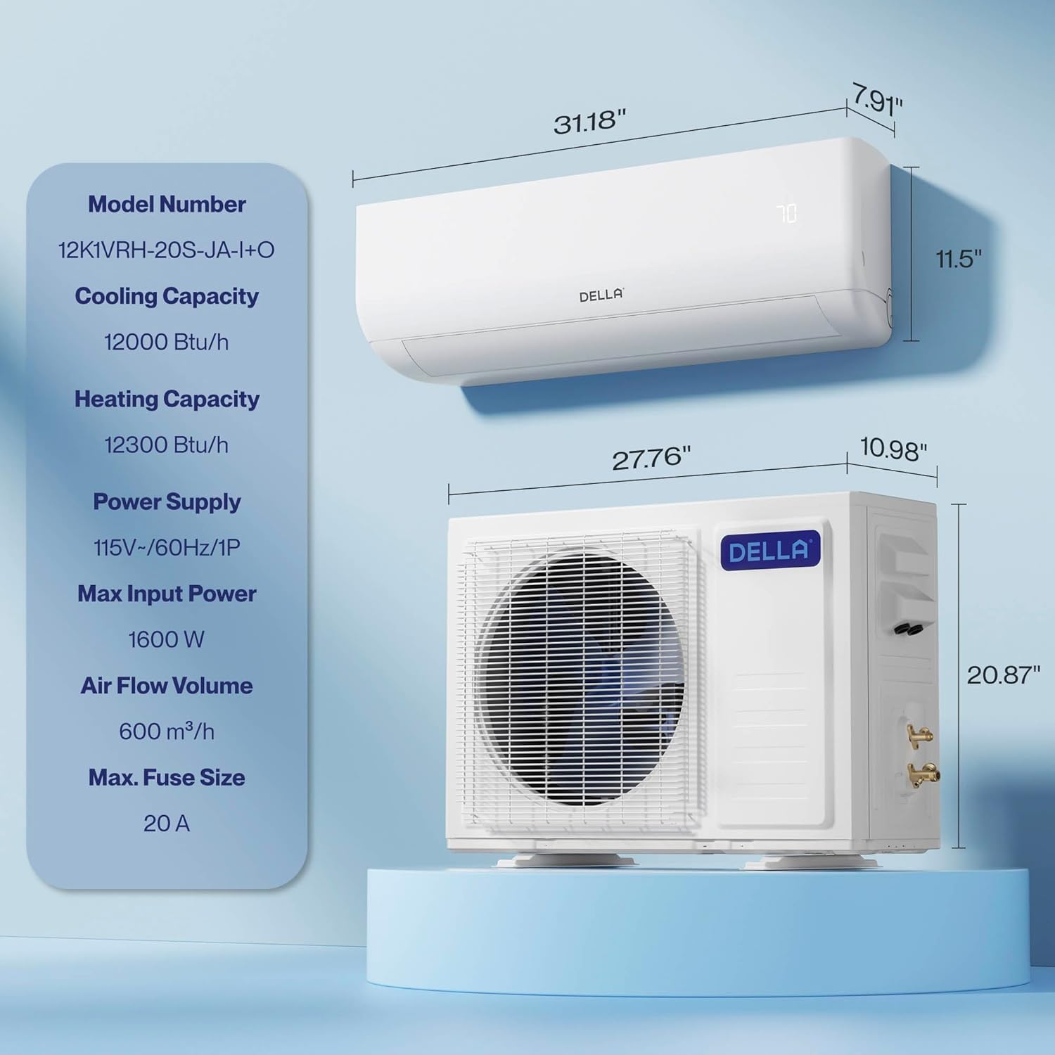 DELLA Motto Series 12000 BTU 20 SEER2 115V Mini Split AC, Cools Up to 550 Sq.Ft, Works with Alexa and Wifi, Ductless Inverter System Air Conditioner, Pre-Charged Heat Pump and 16.4ft Kits