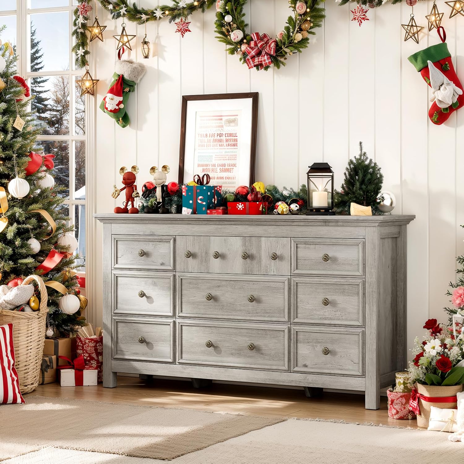 LGHM Dressers for Bedroom with 9 Drawers, 9 Drawer Dresser with Textured Borders, 58" W Chest of Drawers Closet Organizers and Storage Clothes - 6" Deep Drawer for Bedroom, Living Room,Gray