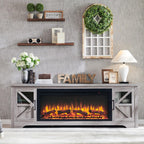 75" Farmhouse Fireplace TV Stand for TVs up to 85", Rustic Entertainment Center with 44" Fireplace Heater, Adjustable Storage Cabinets, Barn Door TV Console with Fireplace, Gray