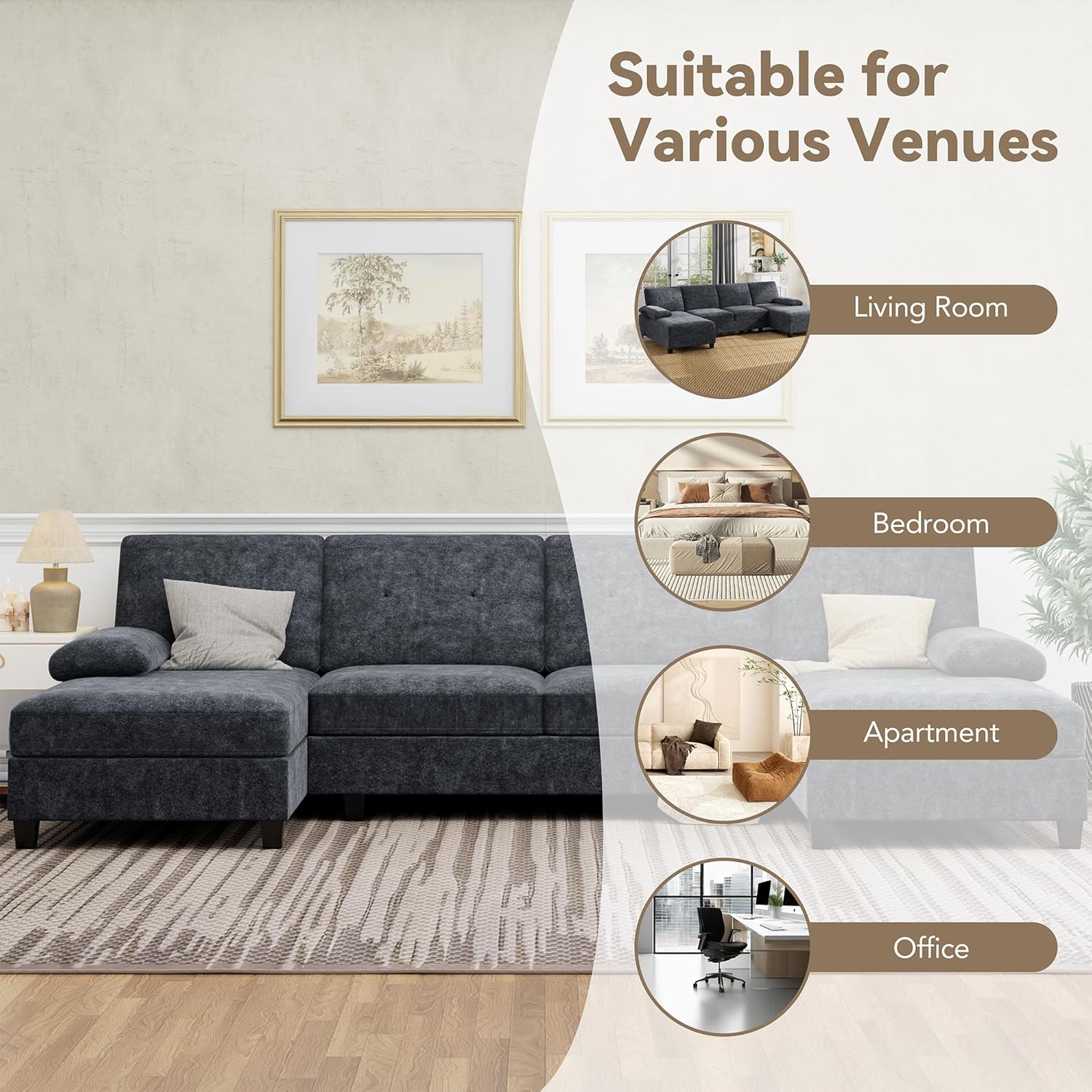 Shintenchi U-Shaped Sectional Couches for Living Room, 4 Seat Sofa with Double Chaise Lounges,Solid Wood Frame Sectional Sofa for Apartment,Dark Grey