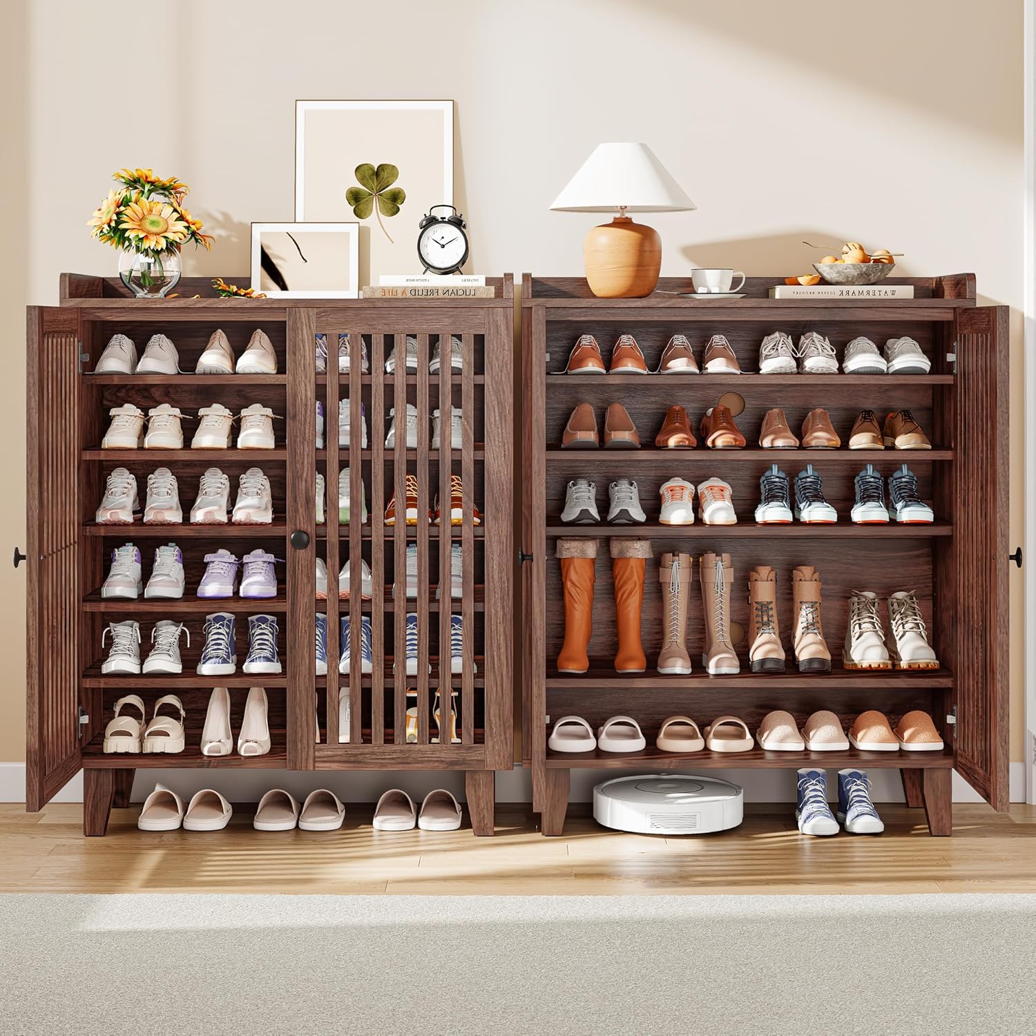 IRONCK Shoe Cabinet with Slatted Doors, 6-Tier Shoe Storage Cabinet with Adjustable Shelves, Wooden Shoe Rack Organizer for Entryway, Hallway, Closet, Living Room, Walnut
