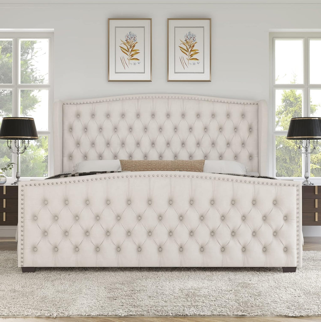 AMERLIFE King Size Platform Bed Frame, Velvet Upholstered Bed with Deep Button Tufted & Nailhead Trim Wingback Headboard/No Box Spring Required/Cream