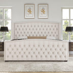 AMERLIFE King Size Platform Bed Frame, Velvet Upholstered Bed with Deep Button Tufted & Nailhead Trim Wingback Headboard/No Box Spring Required/Cream