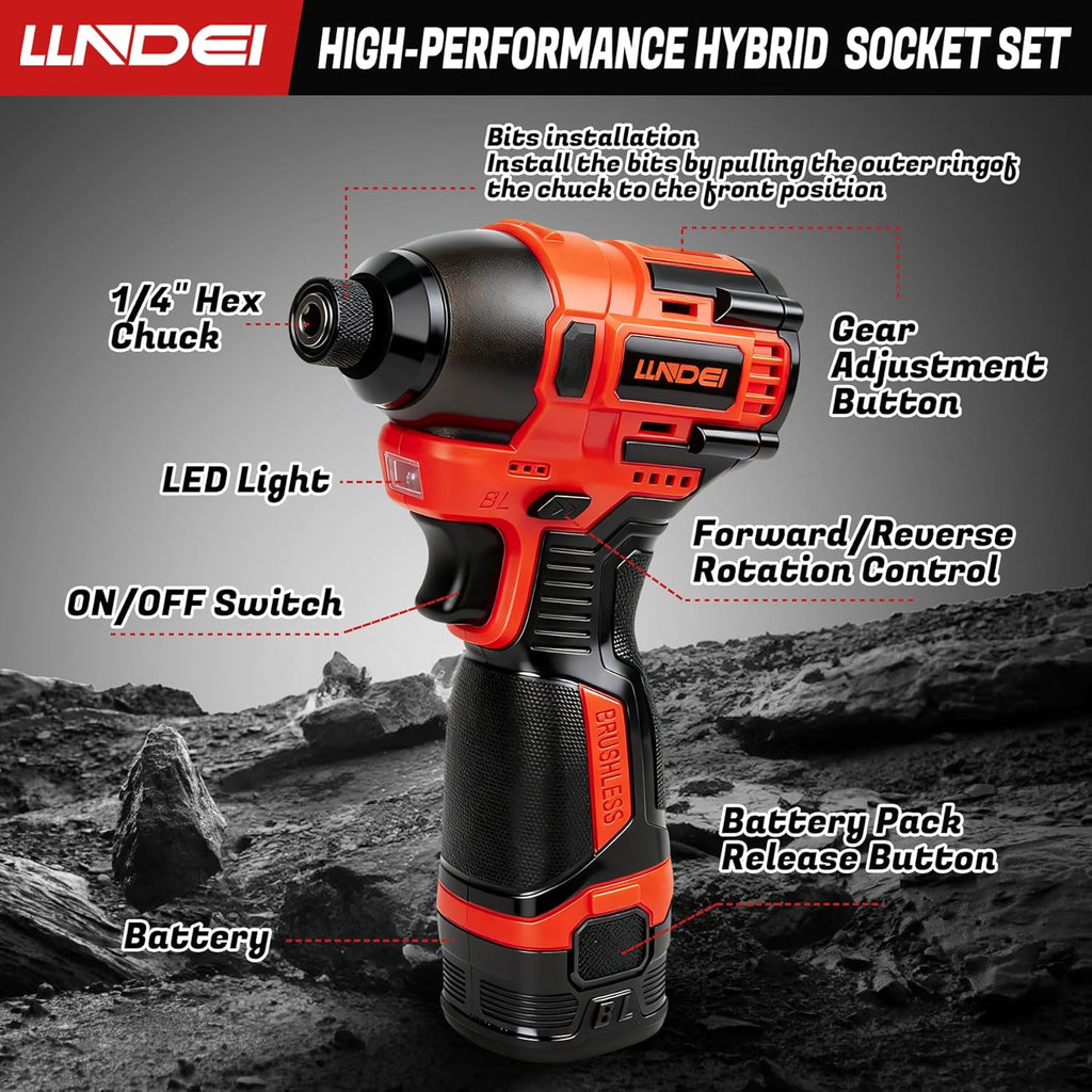 LLNDEI 1/4 Drive Socket Set 16V Brushless Impact Driver Kit, 108 PCS 6 point Metric Magnetic Nut Driver Set, including 1.5Ah Battery, Charger and a Self-Tapping Screws, Hex Drill Bits Can be Used