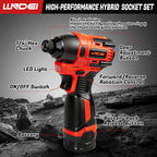 LLNDEI 1/4 Drive Socket Set 16V Brushless Impact Driver Kit, 108 PCS 6 point Metric Magnetic Nut Driver Set, including 1.5Ah Battery, Charger and a Self-Tapping Screws, Hex Drill Bits Can be Used