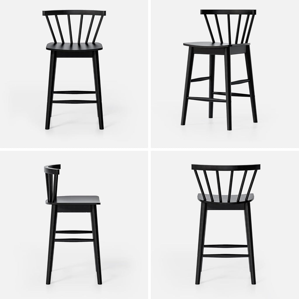 Wood Bar Stools Set of 3, 24" Barstool Farmhouse Counter Stools with Curved Back for Dining Room, Black