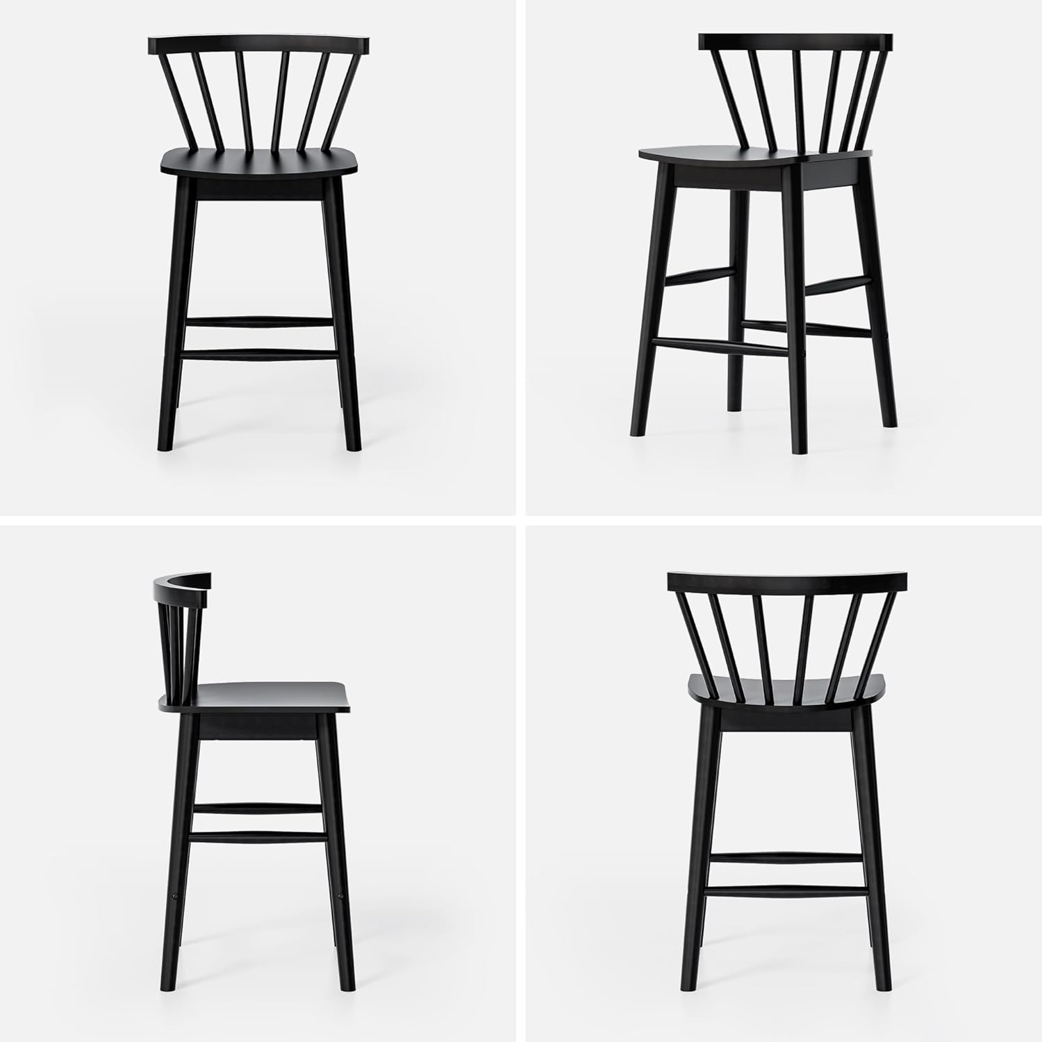 Wood Bar Stools Set of 3, 24" Barstool Farmhouse Counter Stools with Curved Back for Dining Room, Black