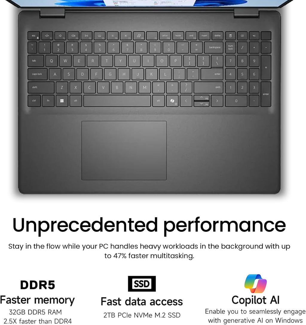 Dell 16 Laptop Touchscreen Computer  16" FHD+ Touch Screen Student & Business Laptop PC  Intel Core 7 (10-Core  Beat i7-1355U)  32GB DDR5 2TB SSD  Windows 11 Pro  Backlit Keyboard 10-Key  Copilot Key