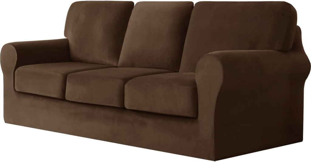 7 Pieces Velvet High Stretch Sofa Covers for 3 Cushion Couch Sofa Slipcovers, Washable Furniture Protector with Drawstring Anti Slip Bottom, Soft and Plush Fabric for Kids and Pet (Coffee)