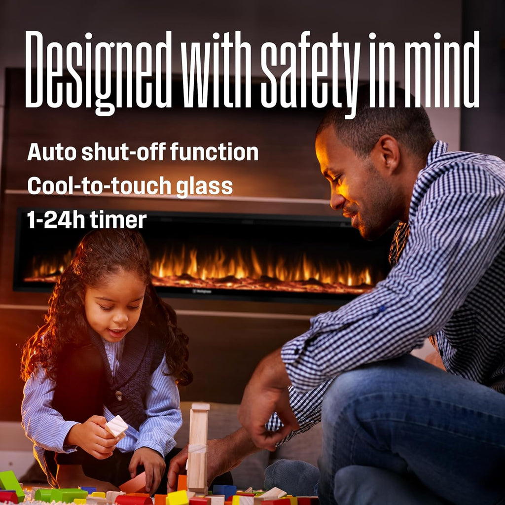 Westinghouse 74 Inch Electric Fireplace Heater, Compatible with Alexa & Google Home, Wall Mount or in-Wall Recessed Fireplace Insert, 24 Hour Timer, Color Changing Flames, 750W/1500W Indoor Heater