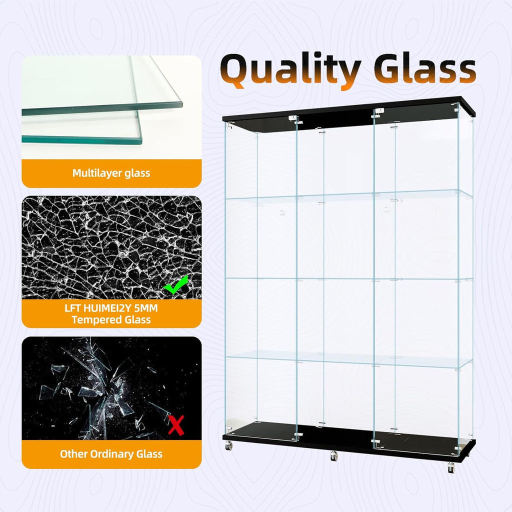 LFT HUIMEI2Y Glass Display Cabinet 12 Shelves with 3 Columns 2 Doors and Lock, Extra Large DIY Curio Cabinets Quick-Install Style Tempered Glass Bookshelf for Living Room, Bedroom, Black