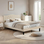 VECELO Queen Size Platform Bed Frame with Fabric Upholstered Headboard and Wooden Slats Support, No Box Spring Needed/Easy Assembly,Beige