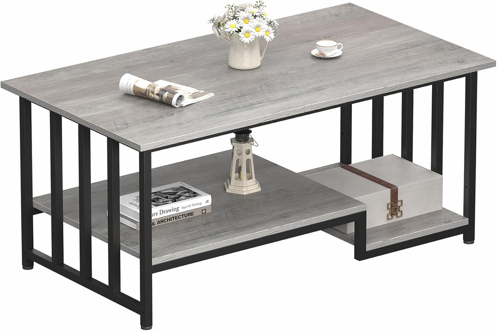 Coffee Table, 39 Inch 2-Tier Farmhouse Rustic Coffee Table with Storage, Modern Rectangle Wooden Center Table, for Living Room, Small Space, Easy Assembly, Wash Gray