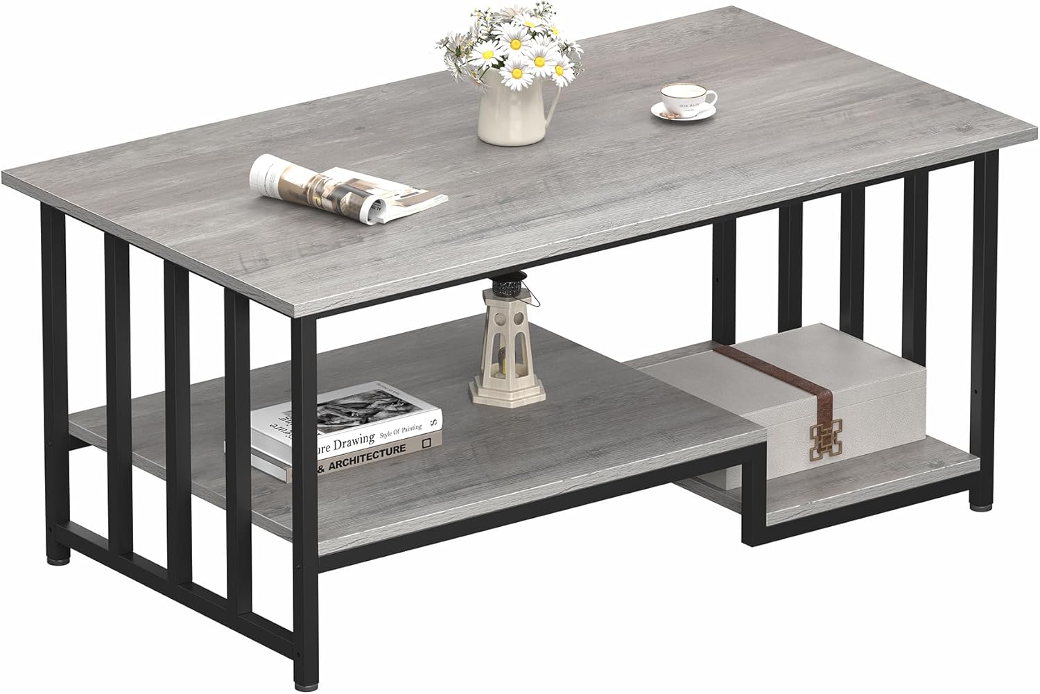 Coffee Table, 39 Inch 2-Tier Farmhouse Rustic Coffee Table with Storage, Modern Rectangle Wooden Center Table, for Living Room, Small Space, Easy Assembly, Wash Gray