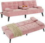 Shintenchi Futon Sofa Bed, Velvet Foldable Couch, Reclining Sleeper with Removable Armrests, Upholstered Loveseat Sofa Couch with Folding Cup Holders for Home, Office, Pink