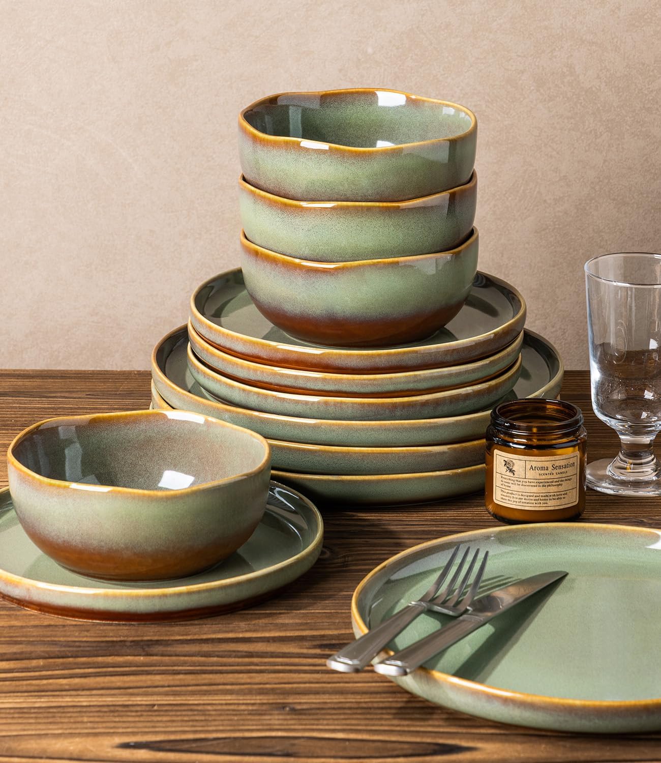 TheTerra Ceramic Dinnerware Sets for 6, 18 Pieces Handmade Reactive Glaze Plates and Bowls Sets, Scratch Resistant Dish Set, Oven & Microwave & Dishwasher Safe, Brown Green