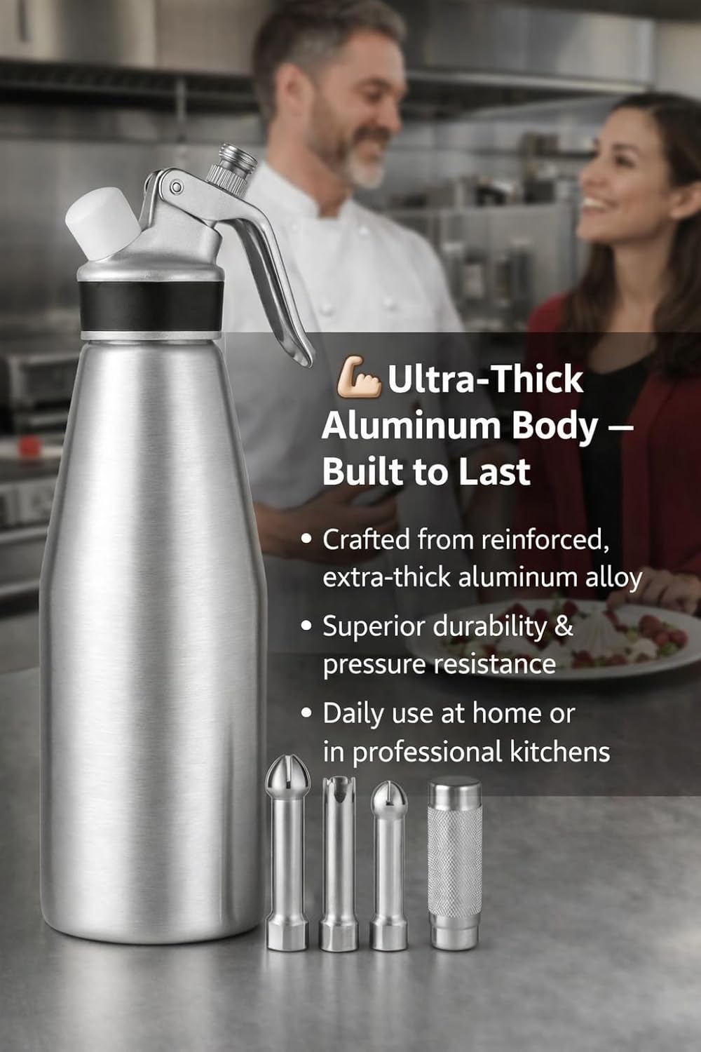Whipped Cream Dispenser–Double Wall Insulated Aluminum Water Bottle with Stainless Steel 3 Nozzles, Extra-Large Capacity Whipping Cream Maker for Desserts, Coffee, Cocktails More-500Ml-Pink