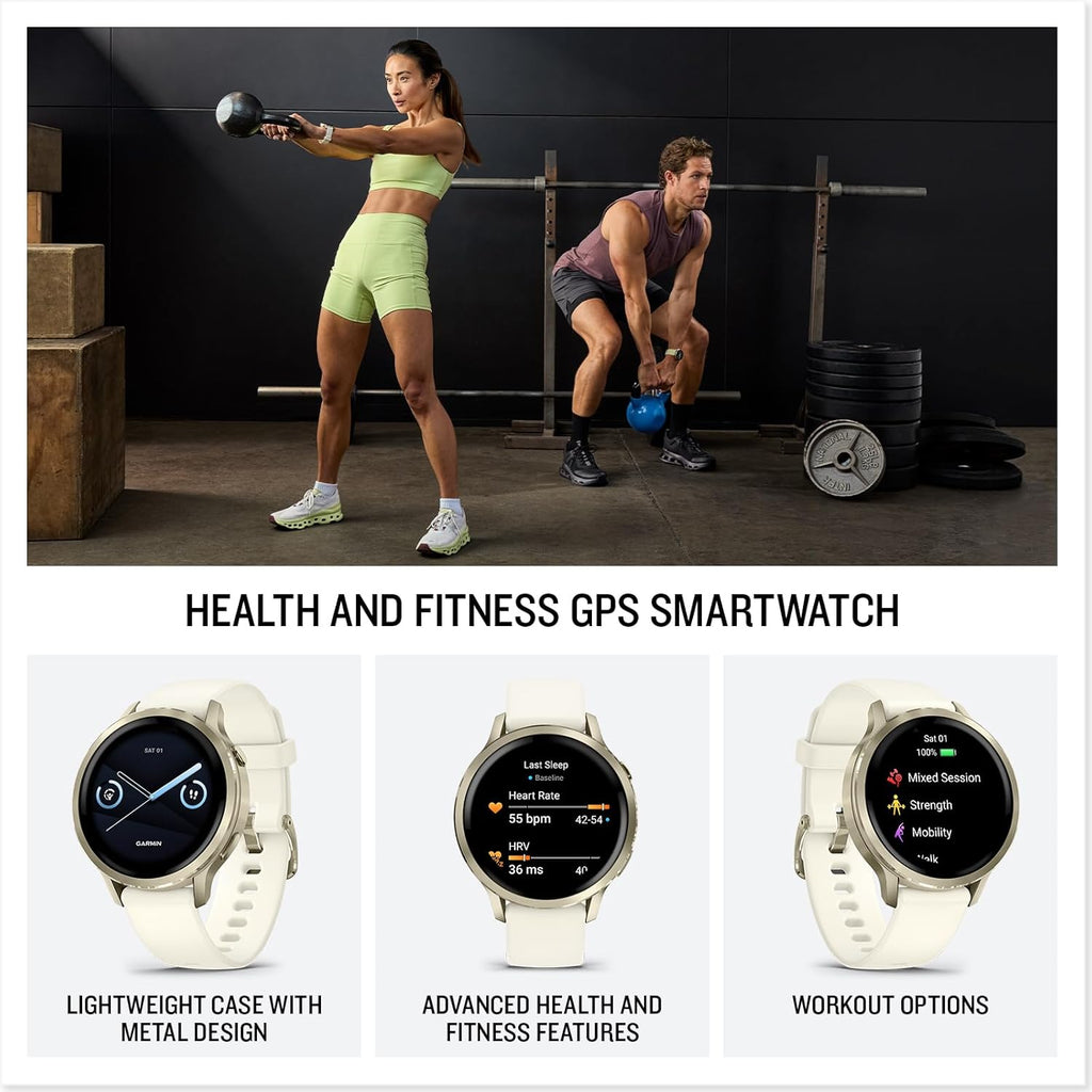 Garmin Venu 4  41mm  Advanced Fitness Tracker GPS Smartwatch  1.2" AMOLED Display  Built-in Flashlight  10 Days of Battery Life  Lunar Gold with Bone Silicone Band (Watch Bundle)