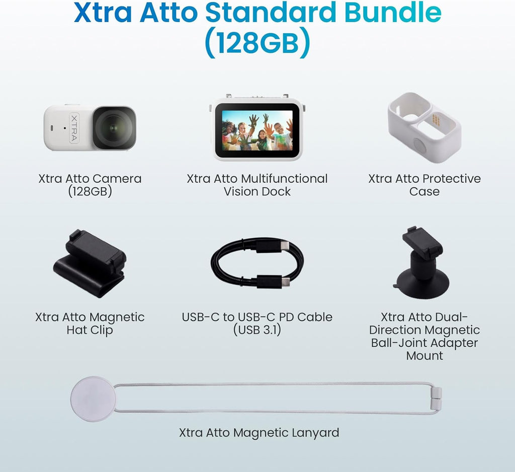 Xtra Atto Wearable 4K Action Camera (128GB)  54 g  Light and Compact  1/1.3″ Sensor  4K/60fps Video  220‑Min Max Recording  5-Min Pre-Recording  Built-in Stabilization  600MB/s Fast Transfer