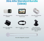 Xtra Atto Wearable 4K Action Camera (128GB)  54 g  Light and Compact  1/1.3″ Sensor  4K/60fps Video  220‑Min Max Recording  5-Min Pre-Recording  Built-in Stabilization  600MB/s Fast Transfer